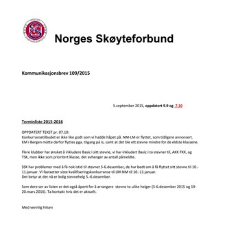 Oppdatert terminliste